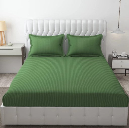 ELEGANZZE Cotton 90X100 King Size Double Bedsheet Set of 2 Green Striped Bedsheets with 4 Pillow Covers