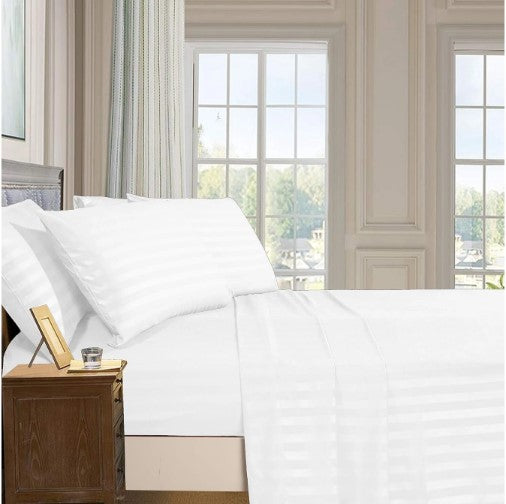 ELEGANZZE Cotton 90X100 King Size Flat 300 TC White Solid Striped 1 Bedsheet with 2 Pillow Covers