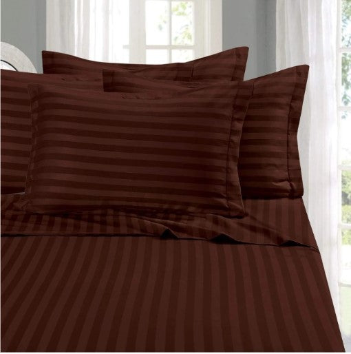ELEGANZZE Cotton 90X100 Inches King Size Flat 300 TC DARK COFFEE Solid Striped 1 Bedsheet with 2 Pillow Covers