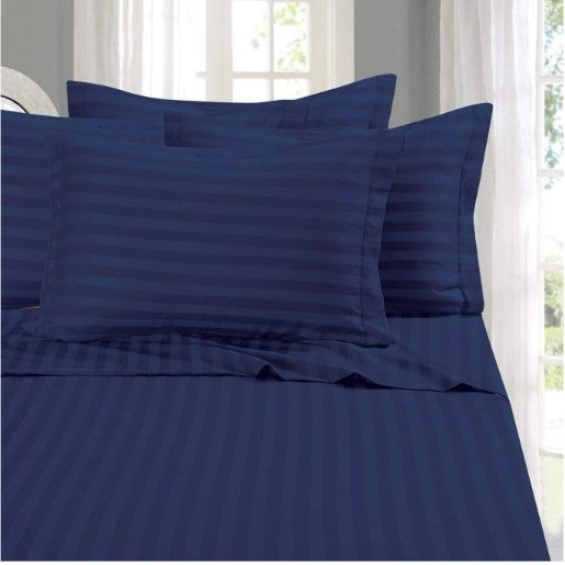 ELEGANZZE Cotton 90X100 King Size Flat 300 TC Navy Blue Solid Striped 1 Bedsheet with 2 Pillow Covers
