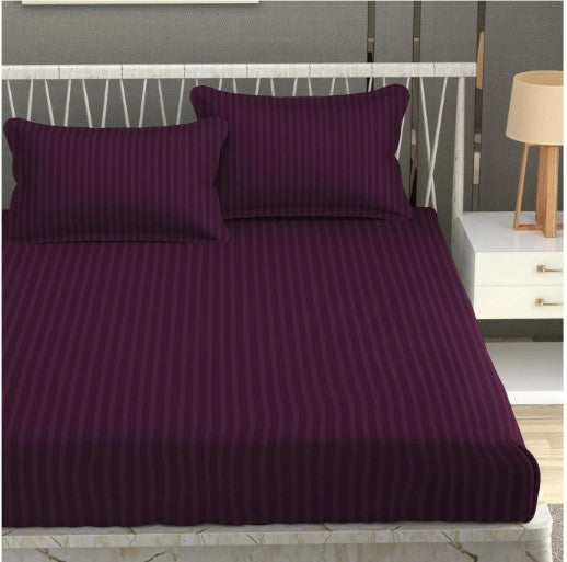 ELEGANZZE Cotton 90X100 King Size Flat 300 TC WINE Striped 1 Bedsheet with 2 Pillow Covers