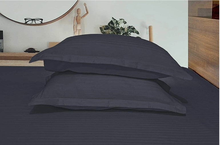 ELEGANZZE Cotton 90X100 King Size Flat 300 TC Charcoal Grey Solid Striped 1 Bedsheet with 2 Pillow Covers