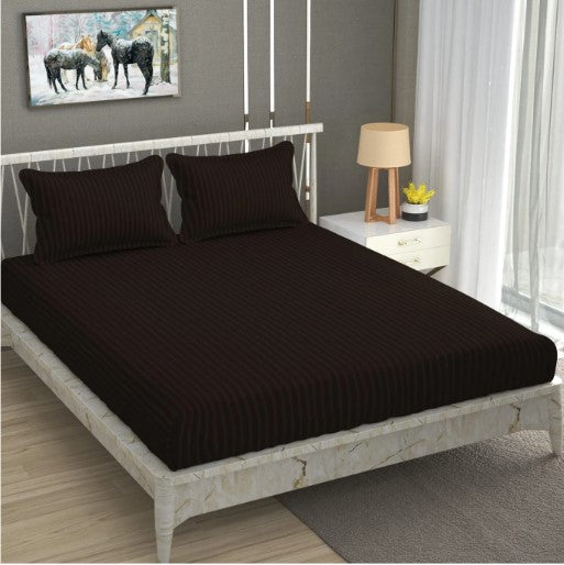 ELEGANZZE Cotton 90X100 Inches King Size Flat 300 TC Coffee Brown Striped 1 Bedsheet with 2 Pillow Covers