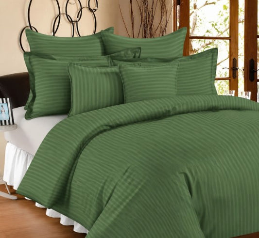 ELEGANZZE Cotton Blend 90X100 Inches King Size Flat 300 TC Green Striped 1 Bedsheet with 2 Pillow Covers