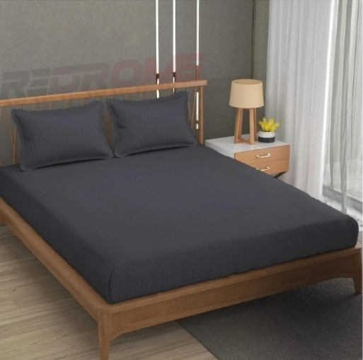 ELEGANZZE Cotton 90X100 King Size Flat 300 TC Charcoal Grey Striped 1 Bedsheet with 2 Pillow Covers