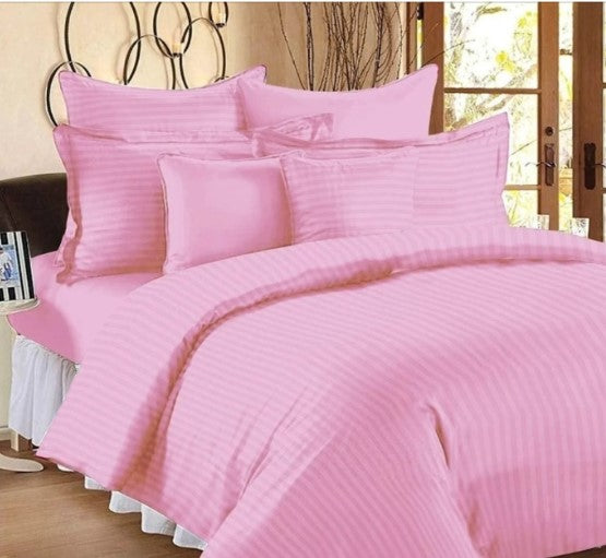 ELEGANZZE Cotton Blend 90x100 King Size Flat 300 TC Pink Striped 1 Bedsheet with 2 Pillow Covers