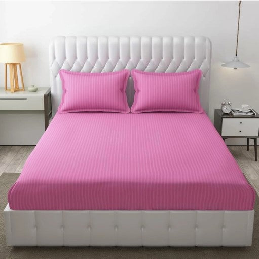 ELEGANZZE Cotton 90X100 King Size Flat 300 TC Pink Striped 1 Bedsheet with 2 Pillow Covers