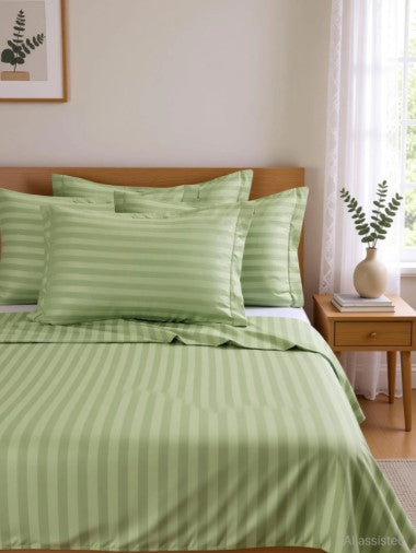 ELEGANZZE Cotton 90X100 Inches King Size Flat 300 TC Green Striped 1 Bedsheet with 2 Pillow Covers