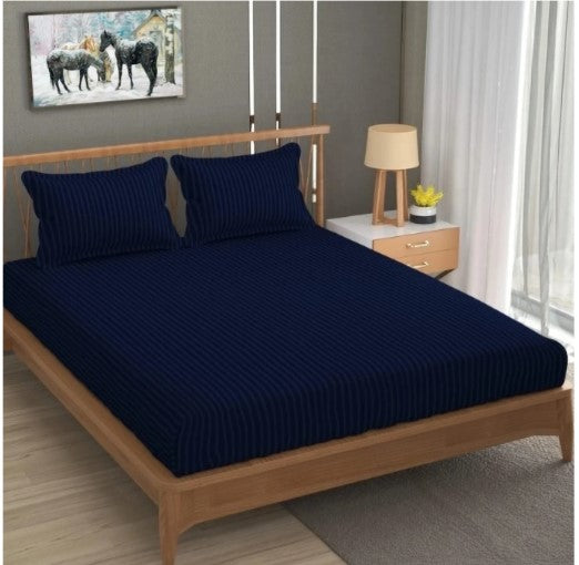 ELEGANZZE Cotton 90X100 King Size Flat 300 TC Navy Blue Striped 1 Bedsheet with 2 Pillow Covers
