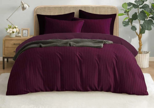 ELEGANZZE Cotton 90X100 King Size Flat 300 TC WINE Solid Striped 1 Bedsheet with 2 Pillow Covers