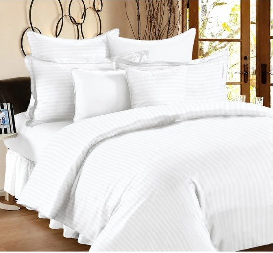 ELEGANZZE Cotton Blend 90X100 King Size Flat 300 TC White Striped 1 Bedsheet with 2 Pillow Covers