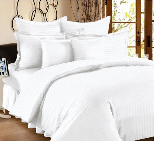 ELEGANZZE Cotton Blend 90X100 King Size Flat 300 TC White Striped 1 Bedsheet with 2 Pillow Covers