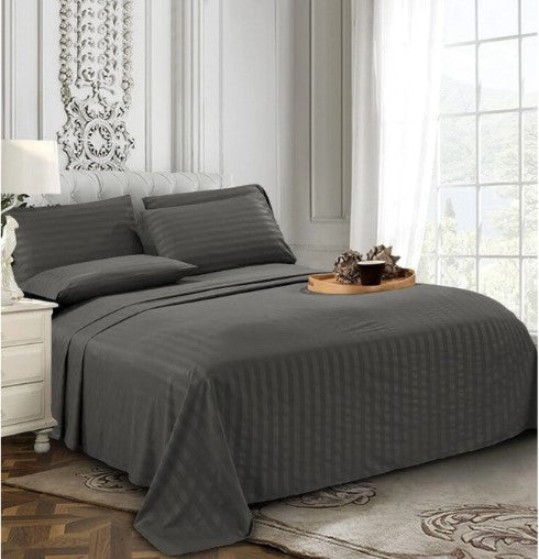 ELEGANZZE Cotton 90x100 King Size Double Bedsheet Set of 2 Charcoal Grey Striped Bedsheets with 4 Pillow Covers