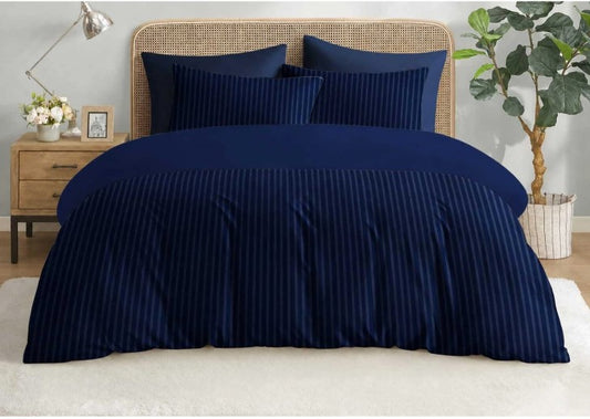 ELEGANZZE Cotton 90X100 King Size Flat 300 TC Navy Blue Solid Striped 1 Bedsheet with 2 Pillow Covers