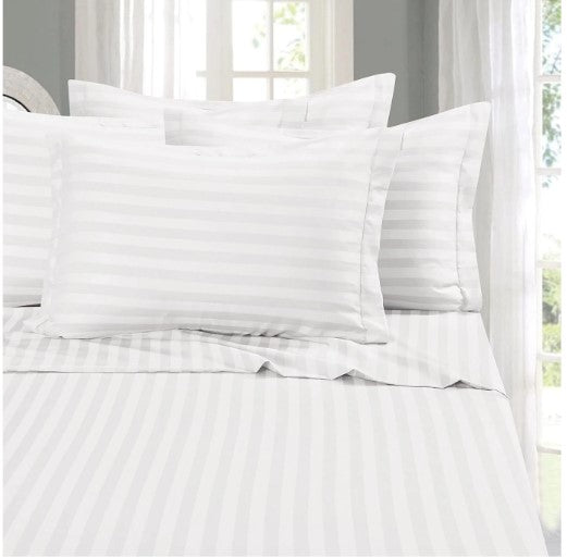 ELEGANZZE Cotton 90X100 King Size Flat 300 TC White Striped 1 Bedsheet with 2 Pillow Covers