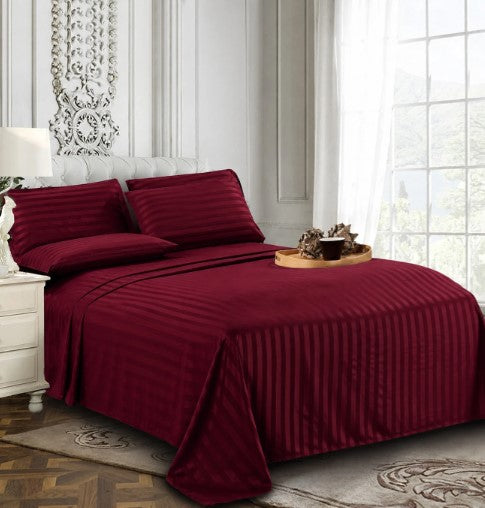 ELEGANZZE Cotton 90X100 King Size Double Bedsheet Set of 2 WINE Striped Bedsheets with 4 Pillow Covers