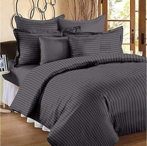 ELEGANZZE Cotton Blend 90x100 King Size Flat 300 TC Charcoal Grey Striped 1 Bedsheet with 2 Pillow Covers