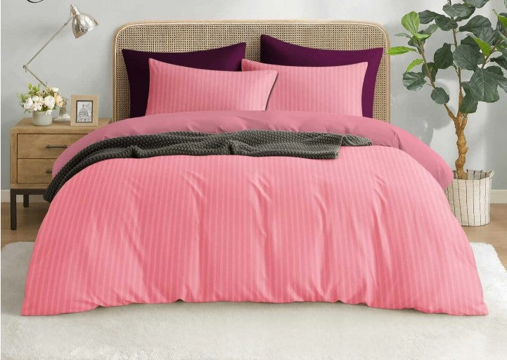 ELEGANZZE Cotton 90X100 King Size Flat 300 TC Pink Solid Striped 1 Bedsheet with 2 Pillow Covers