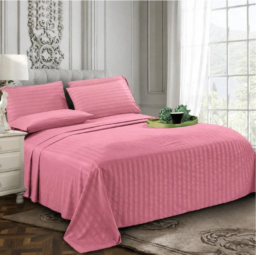 ELEGANZZE Cotton 90x100 King Size Double Bedsheet Set of 2 Pink Striped Bedsheets with 4 Pillow Covers