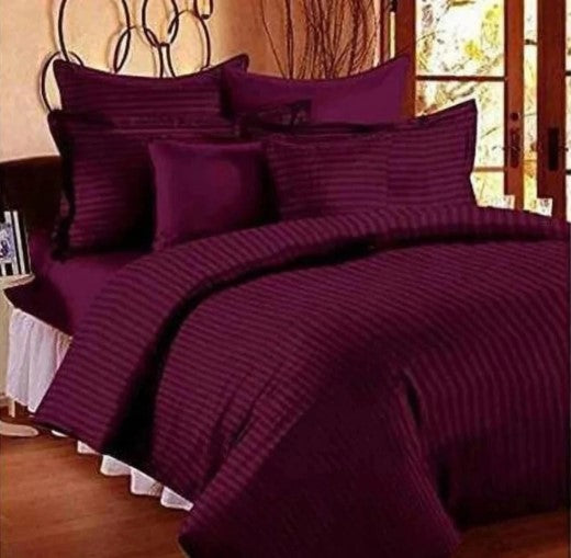 ELEGANZZE Cotton Blend 90X100 King Size Flat 300 TC WINE Striped 1 Bedsheet with 2 Pillow Covers