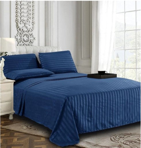 ELEGANZZE Cotton 90x100 King Size Double Bedsheet Set of 2 Blue Striped Bedsheets with 4 Pillow Covers