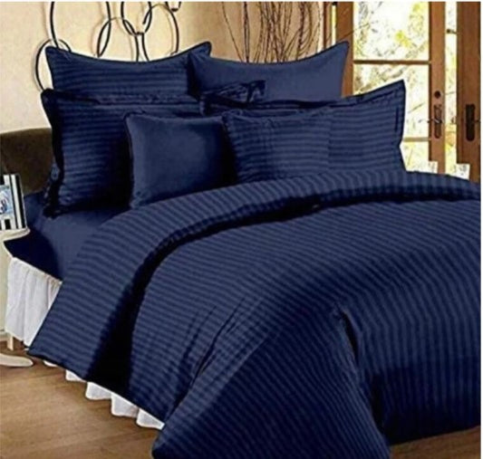 ELEGANZZE Cotton Blend 90x100 King Size Flat 300 TC Navy Blue Striped 1 Bedsheet with 2 Pillow Covers