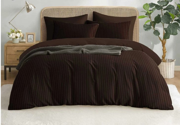 ELEGANZZE Cotton 90X100 Inches King Size Flat 300 TC DARK COFFEE Solid Striped 1 Bedsheet with 2 Pillow Covers