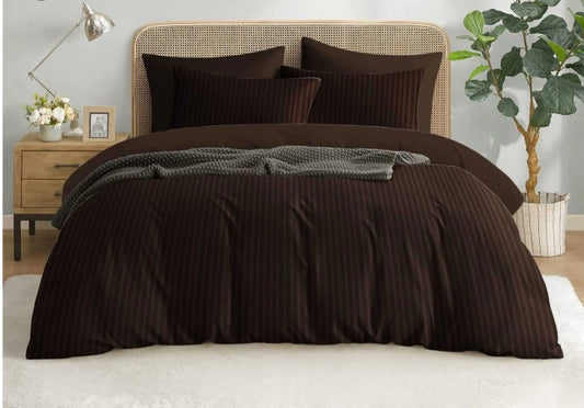 ELEGANZZE Cotton 90X100 Inches King Size Flat 300 TC DARK COFFEE Solid Striped 1 Bedsheet with 2 Pillow Covers
