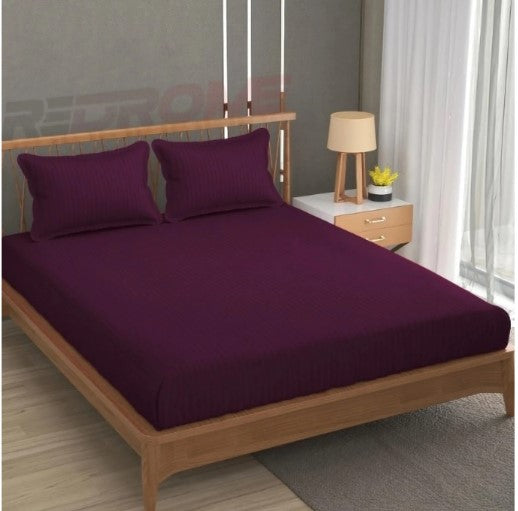ELEGANZZE Cotton 90X100 King Size Flat 300 TC WINE Striped 1 Bedsheet with 2 Pillow Covers