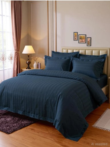 ELEGANZZE Cotton 90X100 King Size Flat 300 TC Charcoal Grey Solid Striped 1 Bedsheet with 2 Pillow Covers