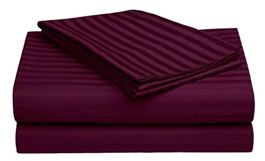 ELEGANZZE Cotton 90X100 King Size Flat 300 TC WINE Solid Striped 1 Bedsheet with 2 Pillow Covers