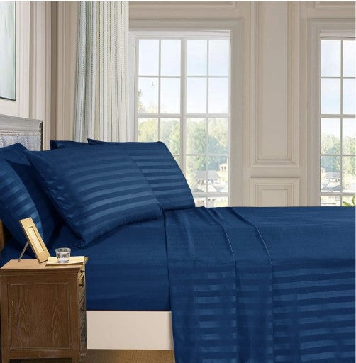 ELEGANZZE Cotton 90x100 King Size Double Bedsheet Set of 2 Blue Striped Bedsheets with 4 Pillow Covers