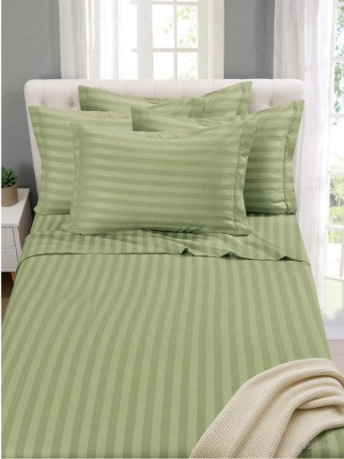 ELEGANZZE Cotton 90X100 Inches King Size Flat 300 TC Green Striped 1 Bedsheet with 2 Pillow Covers