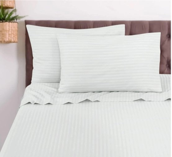 ELEGANZZE Cotton Blend 90X100 King Size Flat 300 TC White Striped 1 Bedsheet with 2 Pillow Covers