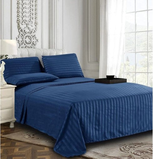 ELEGANZZE Cotton 90X100 King Size Flat 300 TC Navy Blue Solid Striped 1 Bedsheet with 2 Pillow Covers