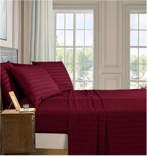 ELEGANZZE Cotton 90X100 King Size Double Bedsheet Set of 2 WINE Striped Bedsheets with 4 Pillow Covers