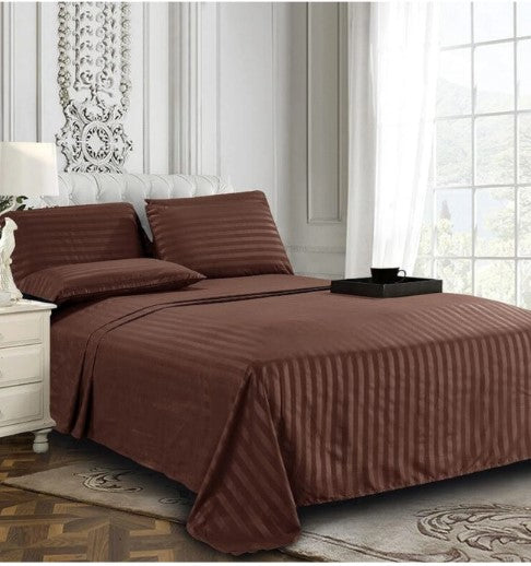 ELEGANZZE Cotton 90X100 Inches King Size Flat 300 TC DARK COFFEE Solid Striped 1 Bedsheet with 2 Pillow Covers