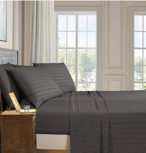 ELEGANZZE Cotton 90x100 King Size Double Bedsheet Set of 2 Charcoal Grey Striped Bedsheets with 4 Pillow Covers