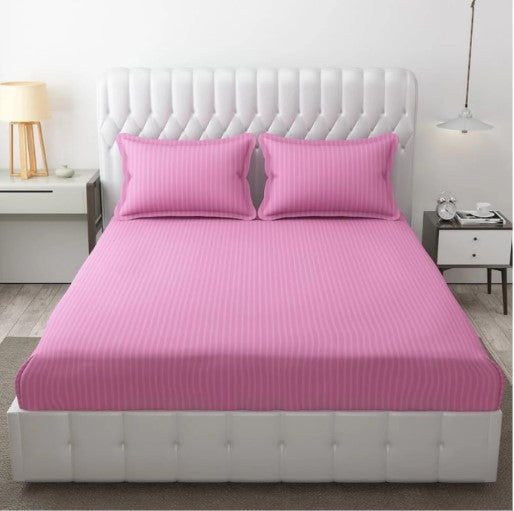 ELEGANZZE Cotton 90X100 King Size Flat 300 TC Pink Solid Striped 1 Bedsheet with 2 Pillow Covers