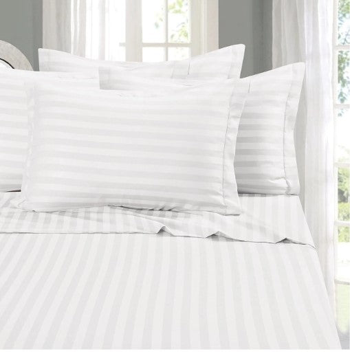 ELEGANZZE Cotton 90X100 King Size Flat 300 TC White Solid Striped 1 Bedsheet with 2 Pillow Covers