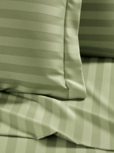 ELEGANZZE Cotton 90X100 Inches King Size Flat 300 TC Green Striped 1 Bedsheet with 2 Pillow Covers