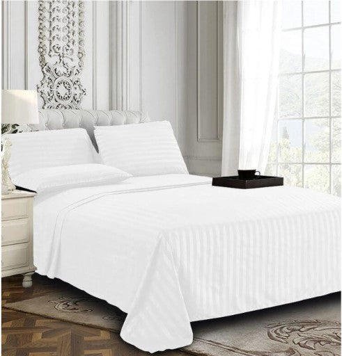 ELEGANZZE Cotton 90X100 King Size Flat 300 TC White Solid Striped 1 Bedsheet with 2 Pillow Covers