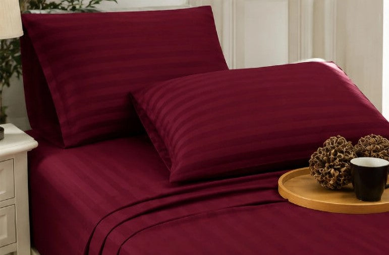 ELEGANZZE Cotton 90X100 King Size Double Bedsheet Set of 2 WINE Striped Bedsheets with 4 Pillow Covers