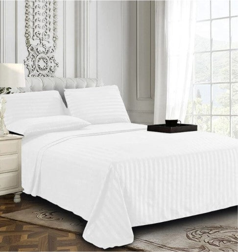 ELEGANZZE Cotton 90X100 King Size Flat 300 TC White Striped 1 Bedsheet with 2 Pillow Covers
