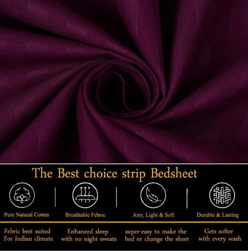 ELEGANZZE Cotton 90X100 King Size Flat 300 TC WINE Striped 1 Bedsheet with 2 Pillow Covers