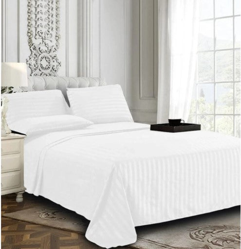 ELEGANZZE Cotton Blend 90X100 King Size Flat 300 TC White Striped 1 Bedsheet with 2 Pillow Covers