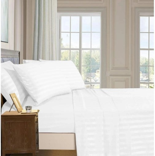 ELEGANZZE Cotton Blend 90X100 King Size Flat 300 TC White Striped 1 Bedsheet with 2 Pillow Covers