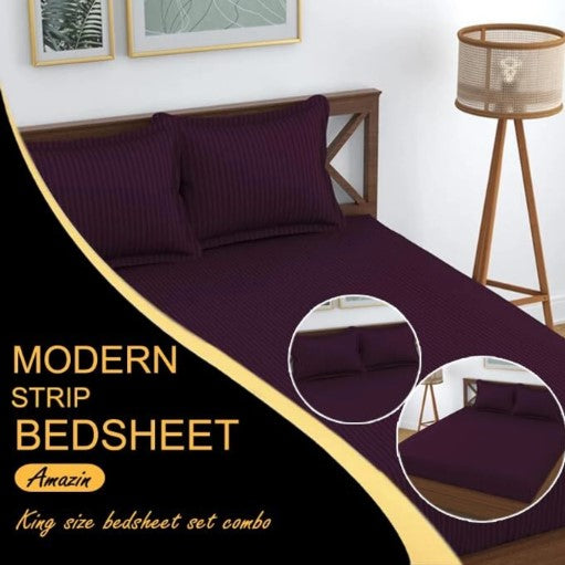 ELEGANZZE Cotton 90X100 King Size Flat 300 TC WINE Striped 1 Bedsheet with 2 Pillow Covers