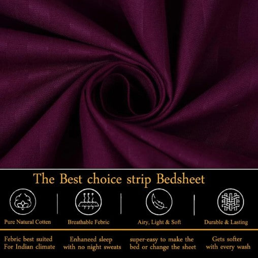 ELEGANZZE Cotton 90X100 King Size Flat 300 TC WINE Solid Striped 1 Bedsheet with 2 Pillow Covers
