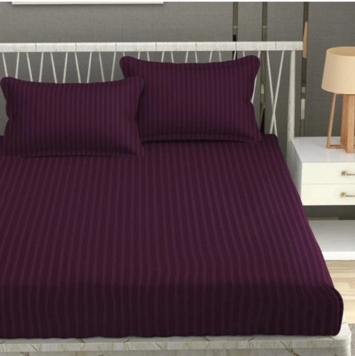 ELEGANZZE Cotton Blend 90X100 King Size Flat 300 TC WINE Striped 1 Bedsheet with 2 Pillow Covers
